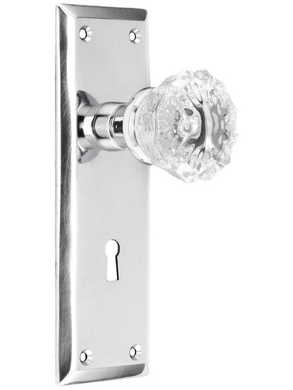 New York Mortise Lock Set With Fluted Crystal Door Knobs in Polished Chrome.